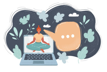 Vector illustration of girl doing yoga exercise workout online on screen of laptop.