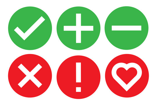 check icon mark sign set vector illustration. stock correct checklist box. tick heart x ok true cancel list.  green and red on white background isolated. line graphic symbol done verify ok plus.
