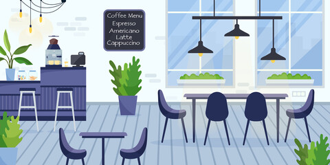 Flat vector illustration of modern empty coworking cafe interior. Freelance workspace inside coffeehouse. Concept of office in cafeteria in loft style
