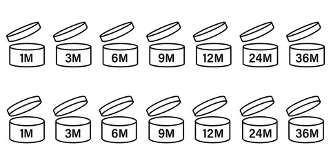 pao symbol shelf life vector icon. cosmetic open period use logo. 3, 6, 12, 24, 36, 3m, 6m, 12m, 24m, 36m month best before product mark. cream eu pack label. isolated white background