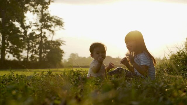 cute sister baby playing outdoor togehter on beautiful sunset