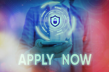 Text sign showing Apply Now. Business photo showcasing urging everybody to send an application...