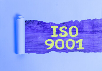 Text sign showing Iso 9001. Business photo showcasing the appropriate international standard...