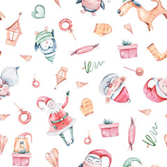 Funny cartoon Christmas seamless pattern in pastel colors-Santa, penguin, gift box. Cute nursery illustration on white background. Ready for print. Can be used for poster, print, fabric, textile