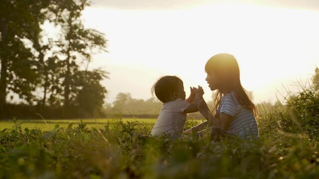 cute sister baby playing outdoor togehter on beautiful sunset