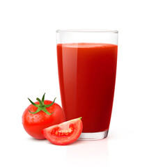 Glass of tomato juice with tomato fruit isolated on white background.