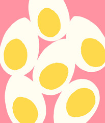 Hand painted design with boiled eggs in yellow and white on pink background.