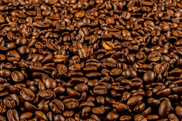 Top view of coffee beans. Coffee beans on the flat surface.