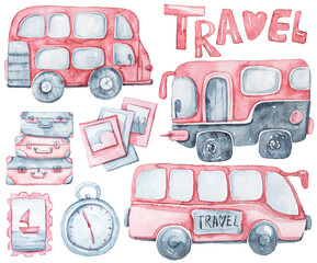 Watercolor travel clipart set. Cartoon nursery illustration isolated on a white background. Hand painted illustration for sticker, pattern, baby shower, birthday invitation, poster, sublimation