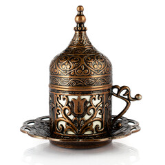 Turkish coffee. Copper cup with traditional oriental patterns of demitasse, oriental sweets rahat lokum