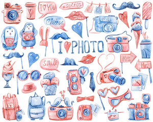 Watercolor cute cameras clipart set. Cartoon nursery illustration isolated on a white background. Hand painted illustration for sticker, pattern, baby shower, birthday invitation, poster, sublimation
