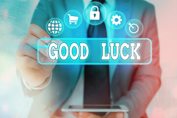 Writing note showing Good Luck. Business concept for expressing hope for someone to be successful...