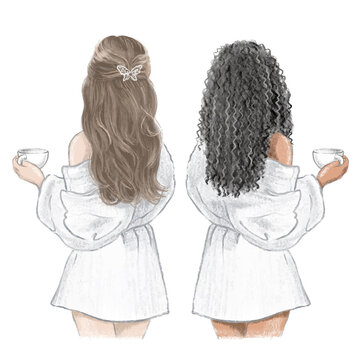 Girls Spa Day. Two friends in white bathrobes with cups of tea, hand drawn illustration