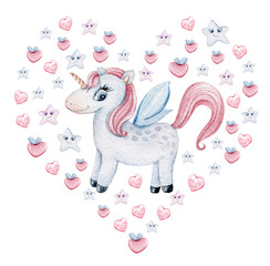 Funny cartoon cute unicorn in pastel colors. Funny nursery illustration on white background. Ready for print. Can be used for sticker, poster, print, fabric, textile