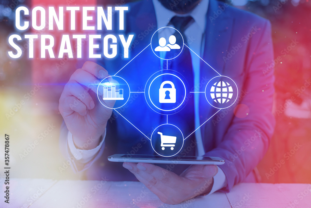 Aufkleber conceptual hand writing showing content strategy. concept meaning important marketing approach distr
