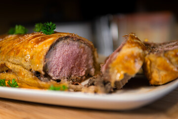 Side view of a beef wellington cut open
