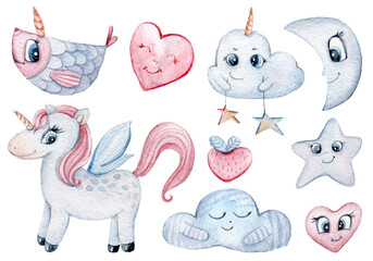 Funny cartoon cute unicorn, cloud, fish, heart clipart in pastel colors. Funny nursery illustration on white background. Ready for print. Can be used for sticker, poster, print, fabric, textile