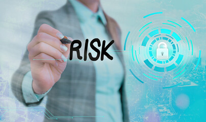 Conceptual hand writing showing Risk. Concept meaning implies future uncertainty about deviation...