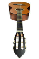 A acoustic wooden guitar lies forward on a white clipping background