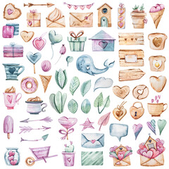 Funny cartoon love clipart- house, whale, ice cream, love letter, envelop, heart, arrow. Cute nursery illustration on white background. Can be used for sticker, poster, print, fabric, textile