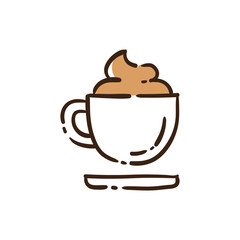 Coffee with cream line doodle. Hot drink mug of frappe and milk ice-cream symbol. Outline style hand drawn pictogram.