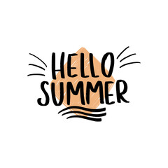 Hello summer. Summer time Hand drawn Brush lettering composition.