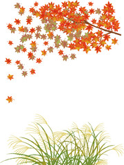 秋の風景・葉が舞うもみじと風に揺れるススキのベクターイラスト