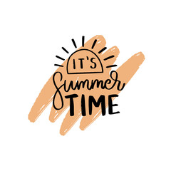 Hello summer. Summer time Hand drawn Brush lettering composition.