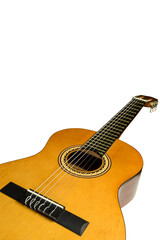 Fototapeta premium Acoustic wooden guitar of brown color lies on its side on a white background