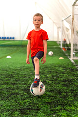 A boy stands on the football field. Soccer goal in the background