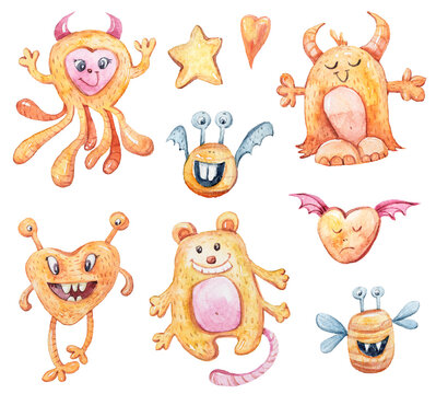 Hand painted watercolor cute cartoon animals set. Monsters clipart isolated on white. Lovely baby rabbit illustration for pattern, baby shower, invitation
