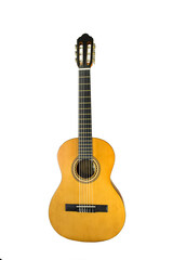 Naklejka premium Brown acoustic wooden guitar stands vertically on a white background