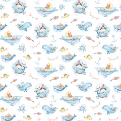Seamless pattern, digital paper. Watercolor hand painted cartoon sea characters. Cute lovely fantasy whales, sailboat. Perfect for print, textile design, fabric, poster, travel blog 