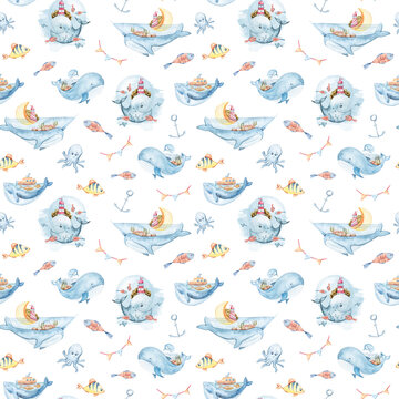 Seamless pattern, digital paper. Watercolor hand painted cartoon sea characters. Cute lovely fantasy whales, sailboat. Perfect for print, textile design, fabric, poster, travel blog 