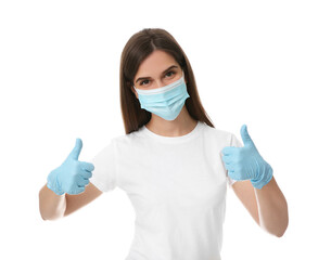 Female volunteer in mask and gloves on white background. Protective measures during coronavirus...