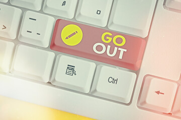 Conceptual hand writing showing Go Out. Concept meaning to spend more time outdoors or in any...