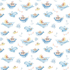 Seamless pattern, digital paper. Watercolor hand painted cartoon sea characters. Cute lovely fantasy whales, sailboat. Perfect for print, textile design, fabric, poster, travel blog 