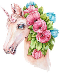 Watercolor floral unicorn head clipart. Cute cartoon horse, pink flowers and green leaves. Can be used for print, poster, baby shower, wedding invitation, greeting card