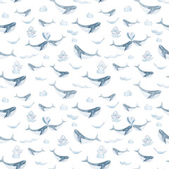 Seamless pattern, digital paper. Watercolor hand painted cartoon sea characters. Cute lovely fantasy whales, sailboat. Perfect for print, textile design, fabric, poster, travel blog 