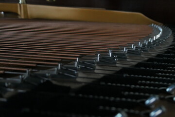 Inside strings of grand piano close up
