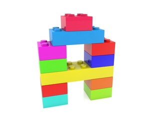 The letter A is composed of toy bricks of different colors on white