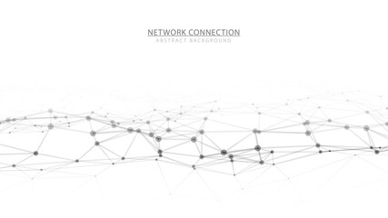 Abstract wave of particles and lines. Network connection structure on white background. Big data visualization. Vector illustration.