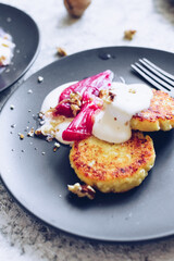 Cottage cheese pancakes with poached rhubarb