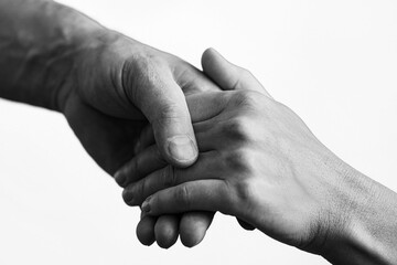 Black and white photo. Two hands lend a helping hand to a friend.