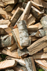 Birch firewood. A pile of split logs.