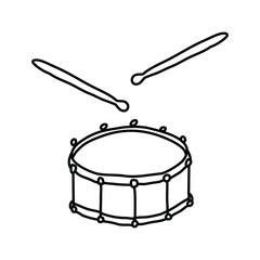 Hand drawn sketch of drum in doodle style on white background. Vector illustration.