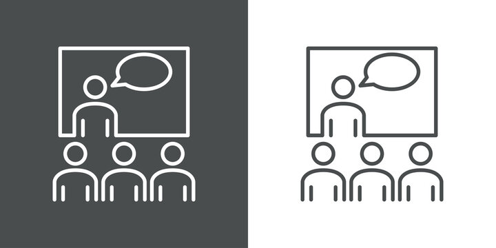 S&iacute;mbolo curso de formaci&oacute;n. Icono plano hombre con pizarron y burbuja de habla con p&uacute;blico en fondo gris y fondo blanco