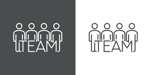 Concepto trabajo en equipo. Icono plano lineal palabra team con grupo de personas de pie en fondo gris y fondo blanco © teracreonte
