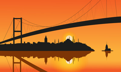 Istanbul silhouette and Bosphorus Bridge at sunset. vector illustration.