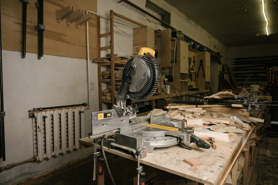 Circular saw in a carpentry workshop